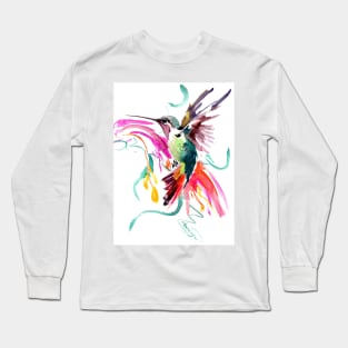 Flying Hummingbird and Abstract Flowers, Turquoise, pink watercolor bird artwork Long Sleeve T-Shirt